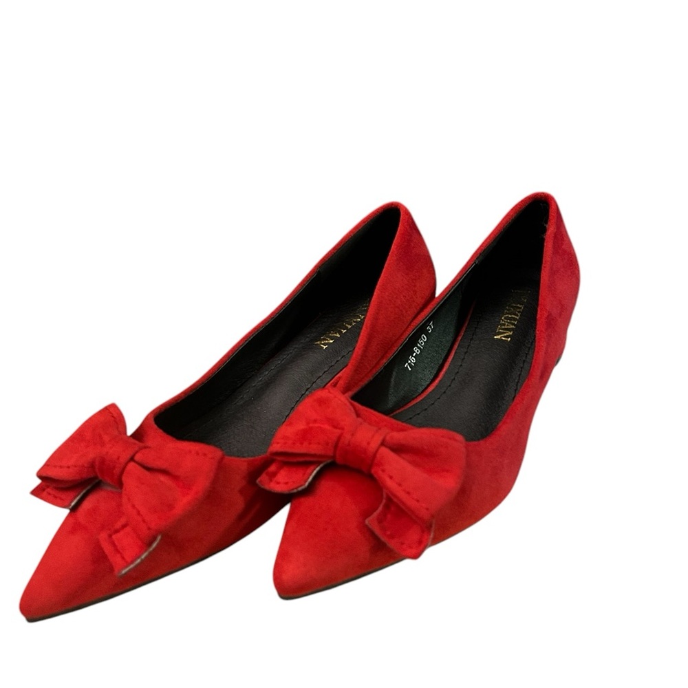 JX IXUAN Size 37 Red Suede Pointed Toe Heels, Bow on toes, round heel